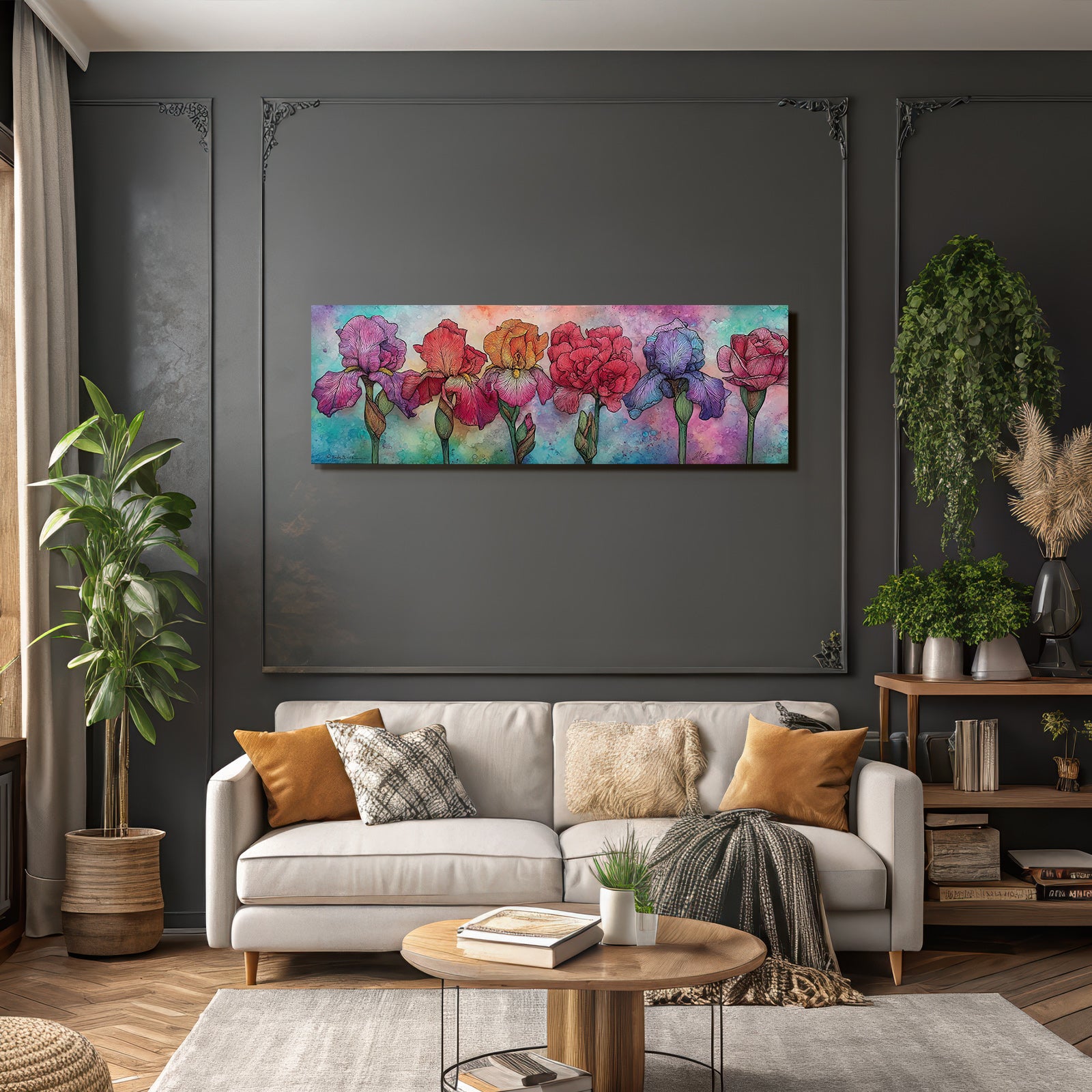 Kunstvolle Florale Illustration Mit Irisblumen Und Rosen