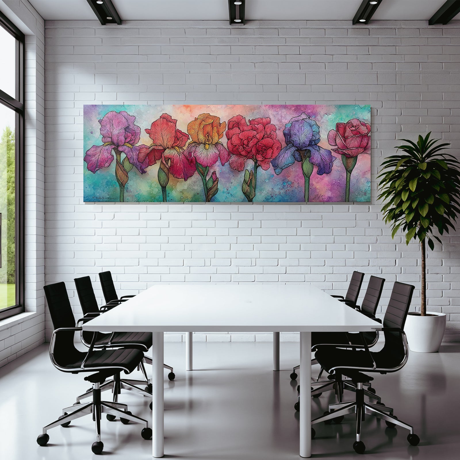 Kunstvolle Florale Illustration Mit Irisblumen Und Rosen
