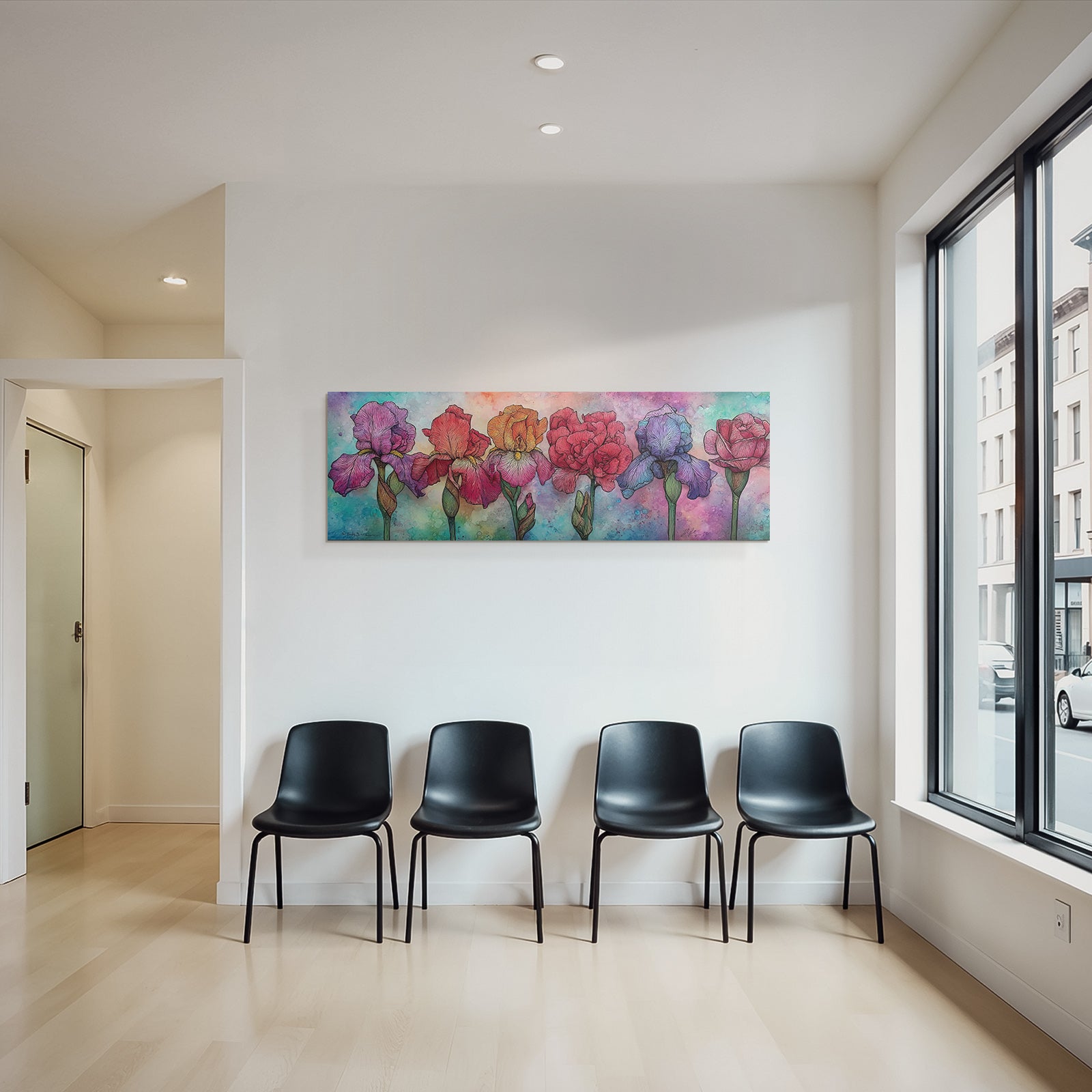 Kunstvolle Florale Illustration Mit Irisblumen Und Rosen