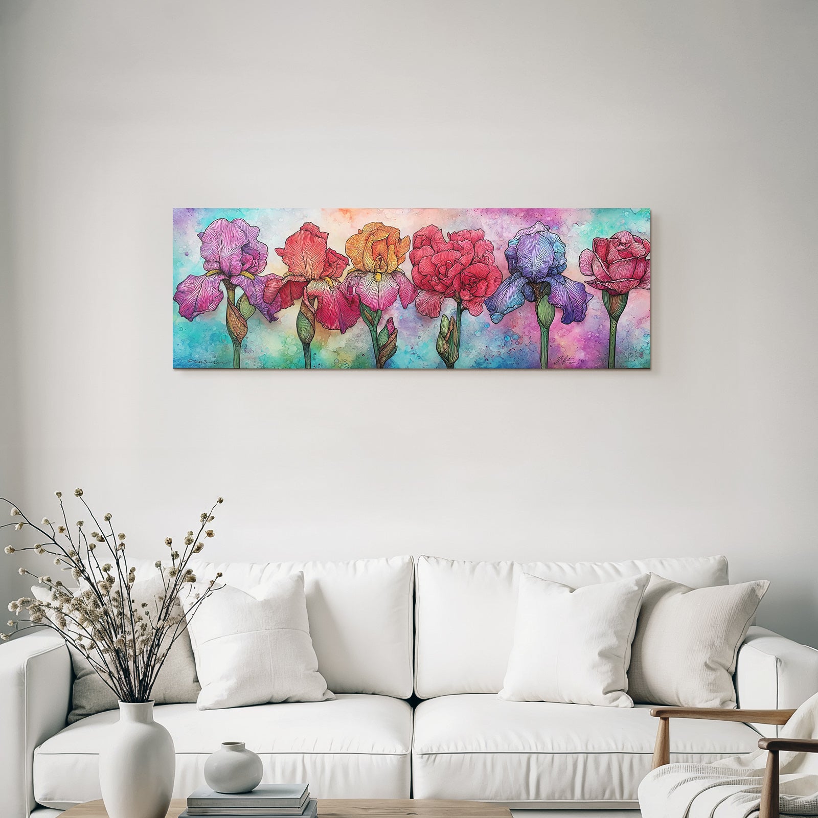 Kunstvolle Florale Illustration Mit Irisblumen Und Rosen