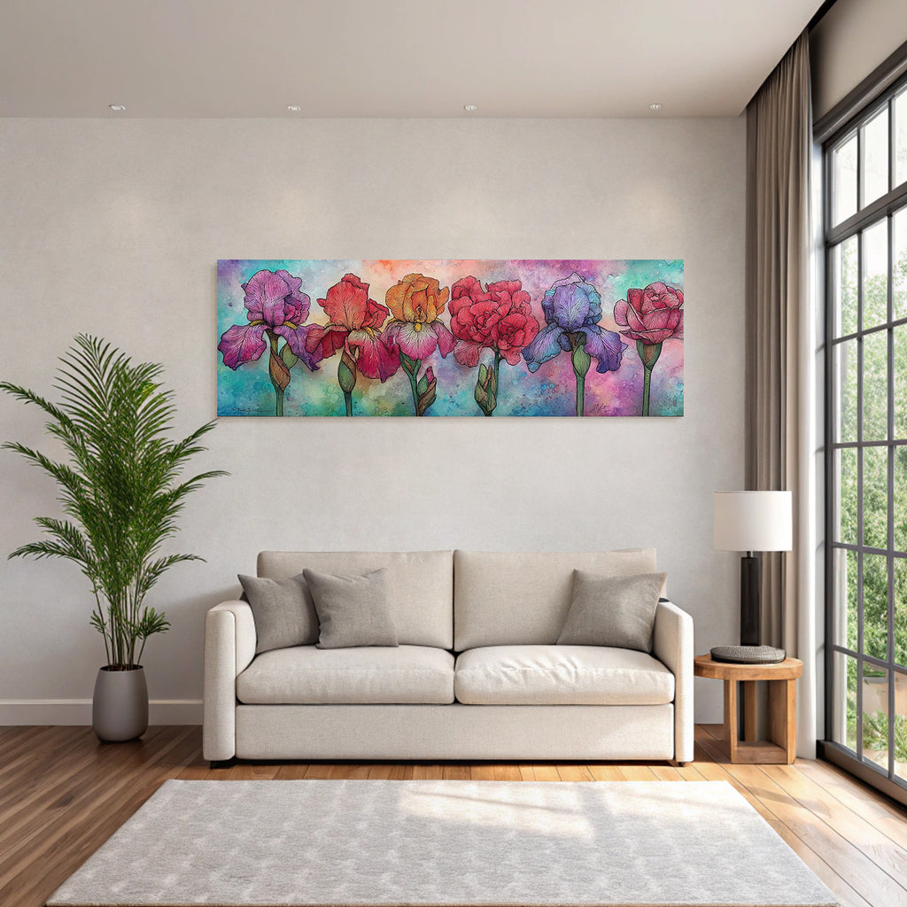Kunstvolle Florale Illustration Mit Irisblumen Und Rosen