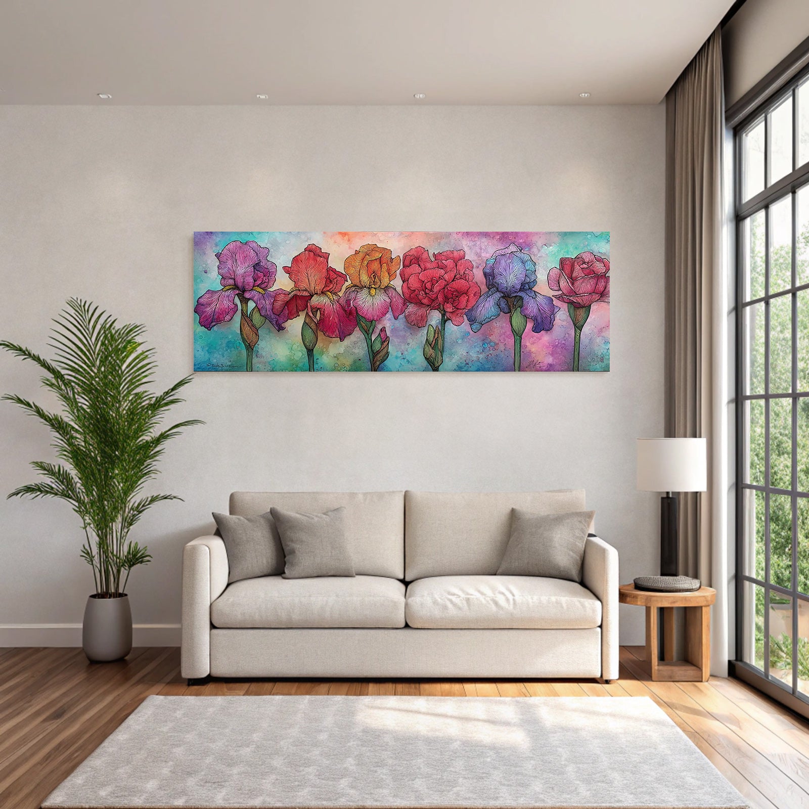 Kunstvolle Florale Illustration Mit Irisblumen Und Rosen