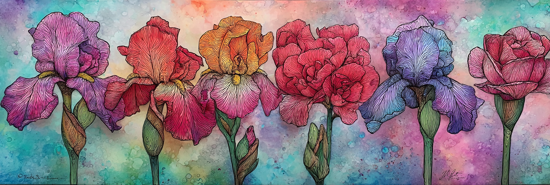 Kunstvolle Florale Illustration Mit Irisblumen Und Rosen | Jugendstil | Stilrichtungen