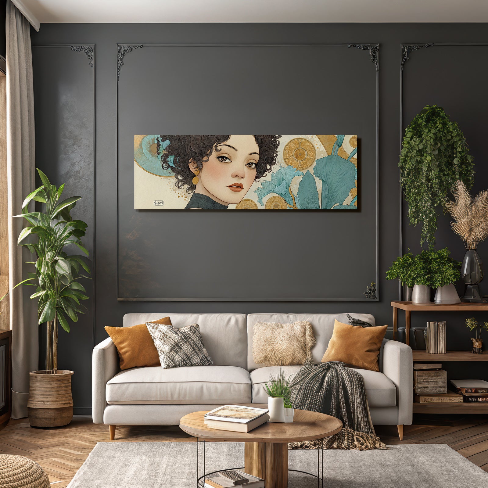 Kunstvolle Fraünillustration Mit Gewelltem Haar Und Blumenmotiven