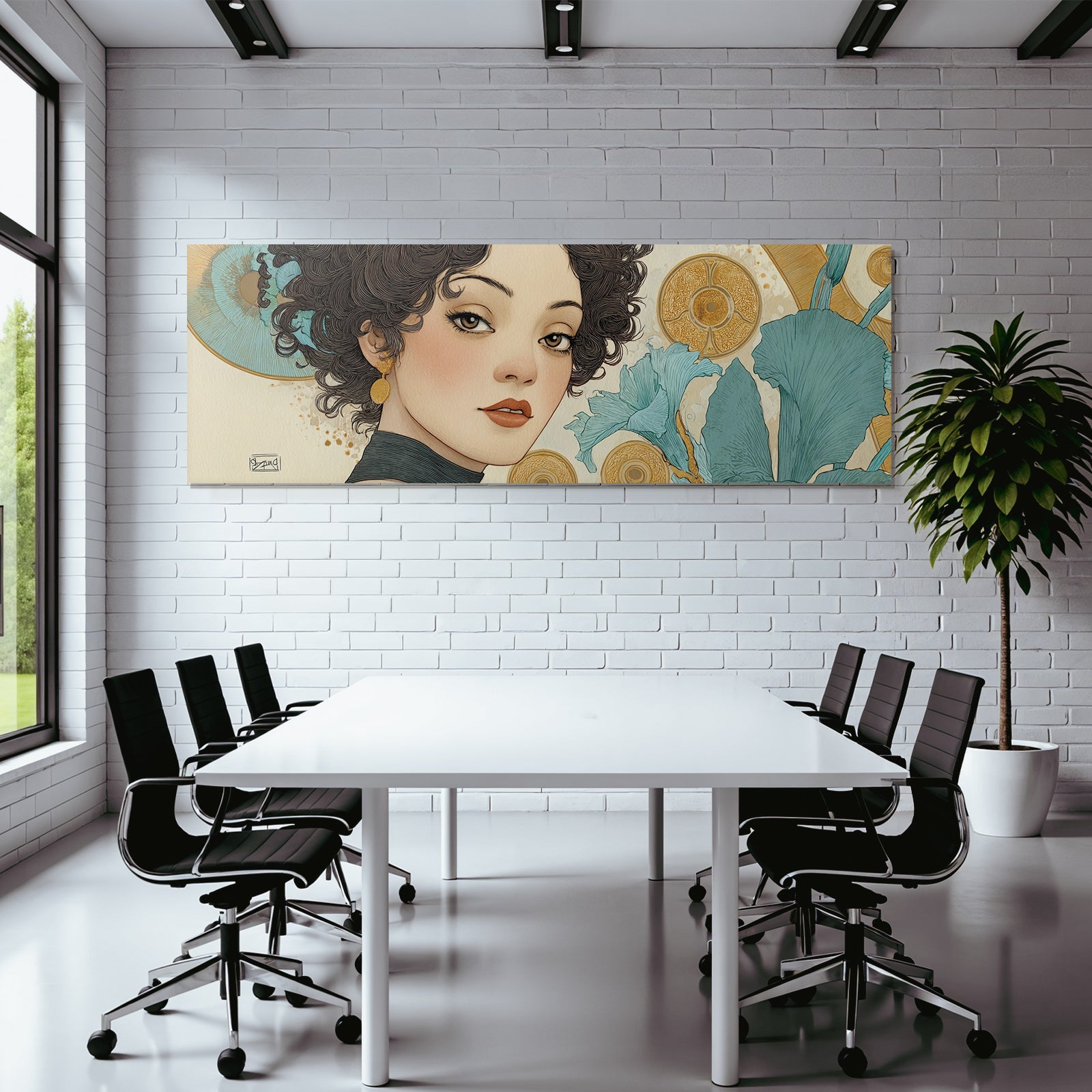 Kunstvolle Fraünillustration Mit Gewelltem Haar Und Blumenmotiven