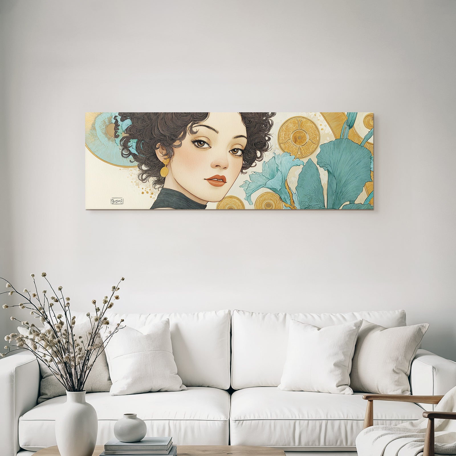 Kunstvolle Fraünillustration Mit Gewelltem Haar Und Blumenmotiven