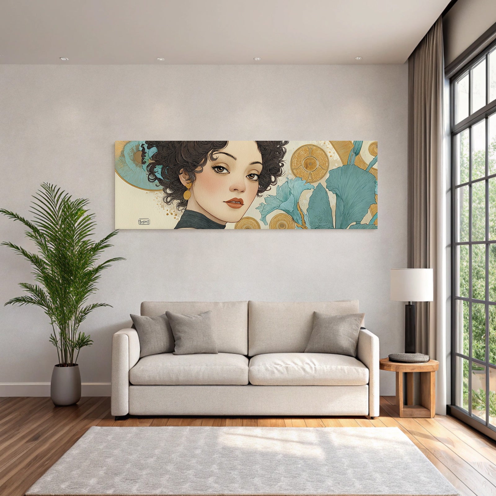 Kunstvolle Fraünillustration Mit Gewelltem Haar Und Blumenmotiven