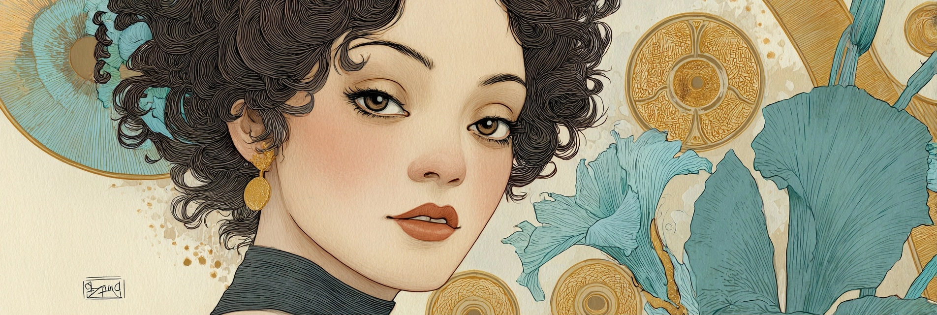Kunstvolle Fraünillustration Mit Gewelltem Haar Und Blumenmotiven | Jugendstil | Stilrichtungen