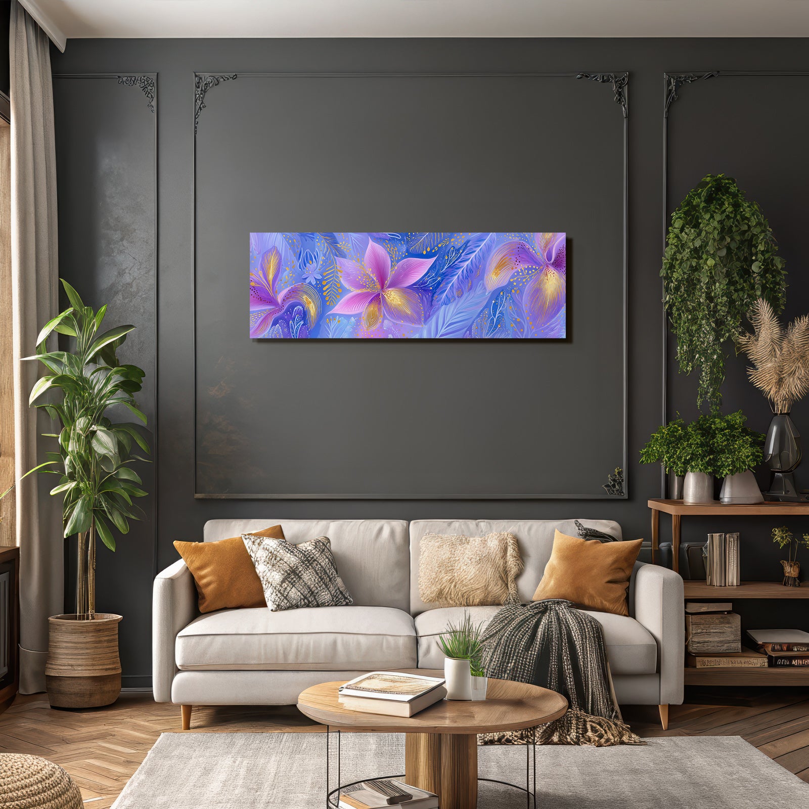 Lebendige Flora In Purpur Blau Und Gold