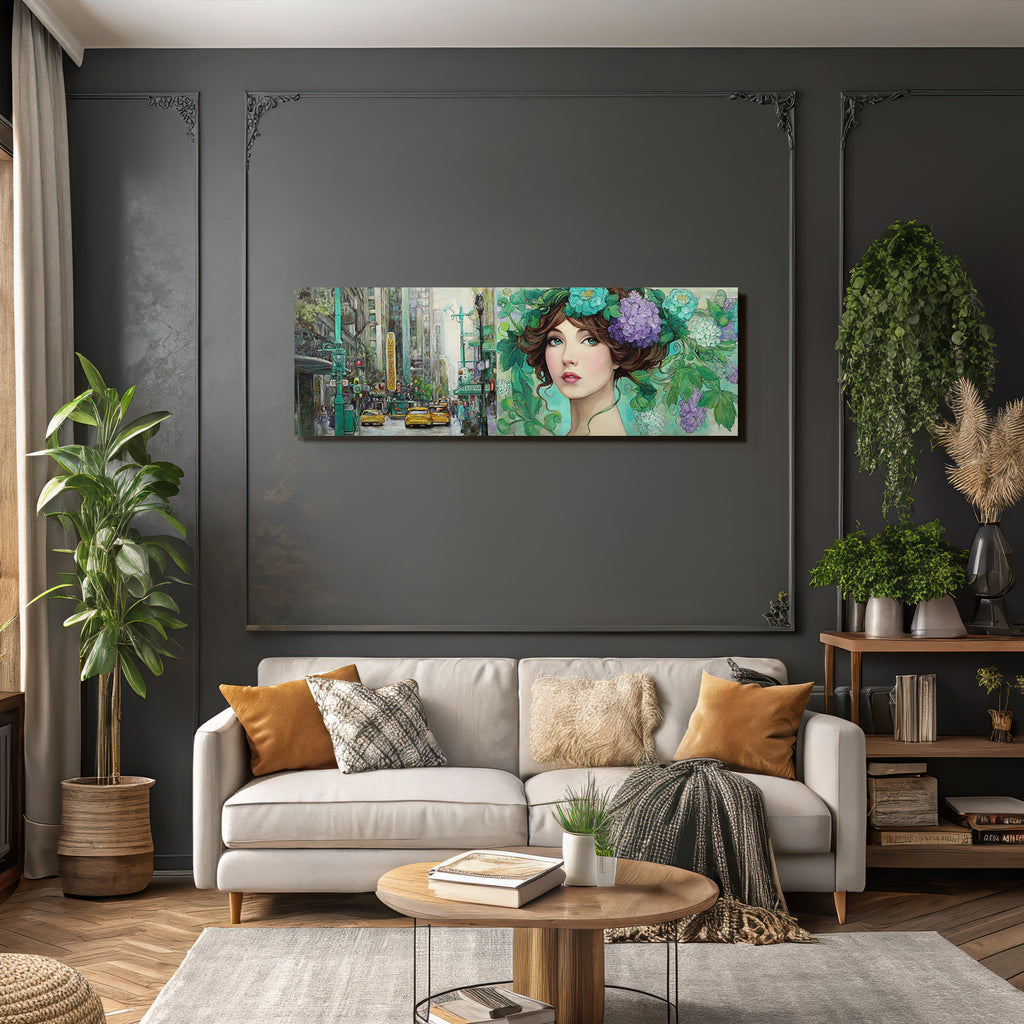 Lebendige Stadtlandschaft Auf Der Linken Seite Und Florales Fraünporträt Auf Der Rechten Seite