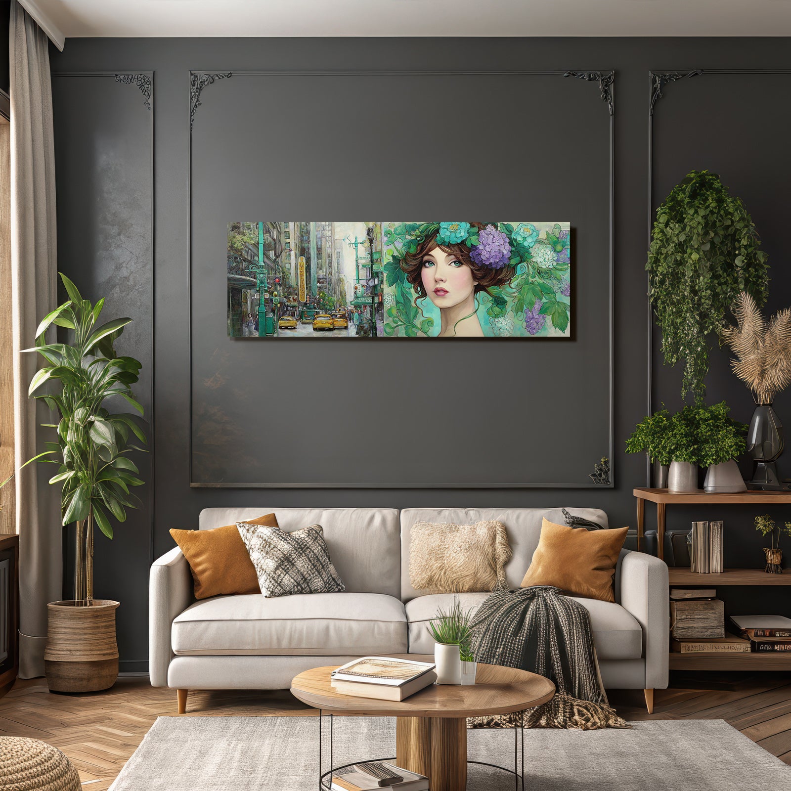 Lebendige Stadtlandschaft Auf Der Linken Seite Und Florales Fraünporträt Auf Der Rechten Seite