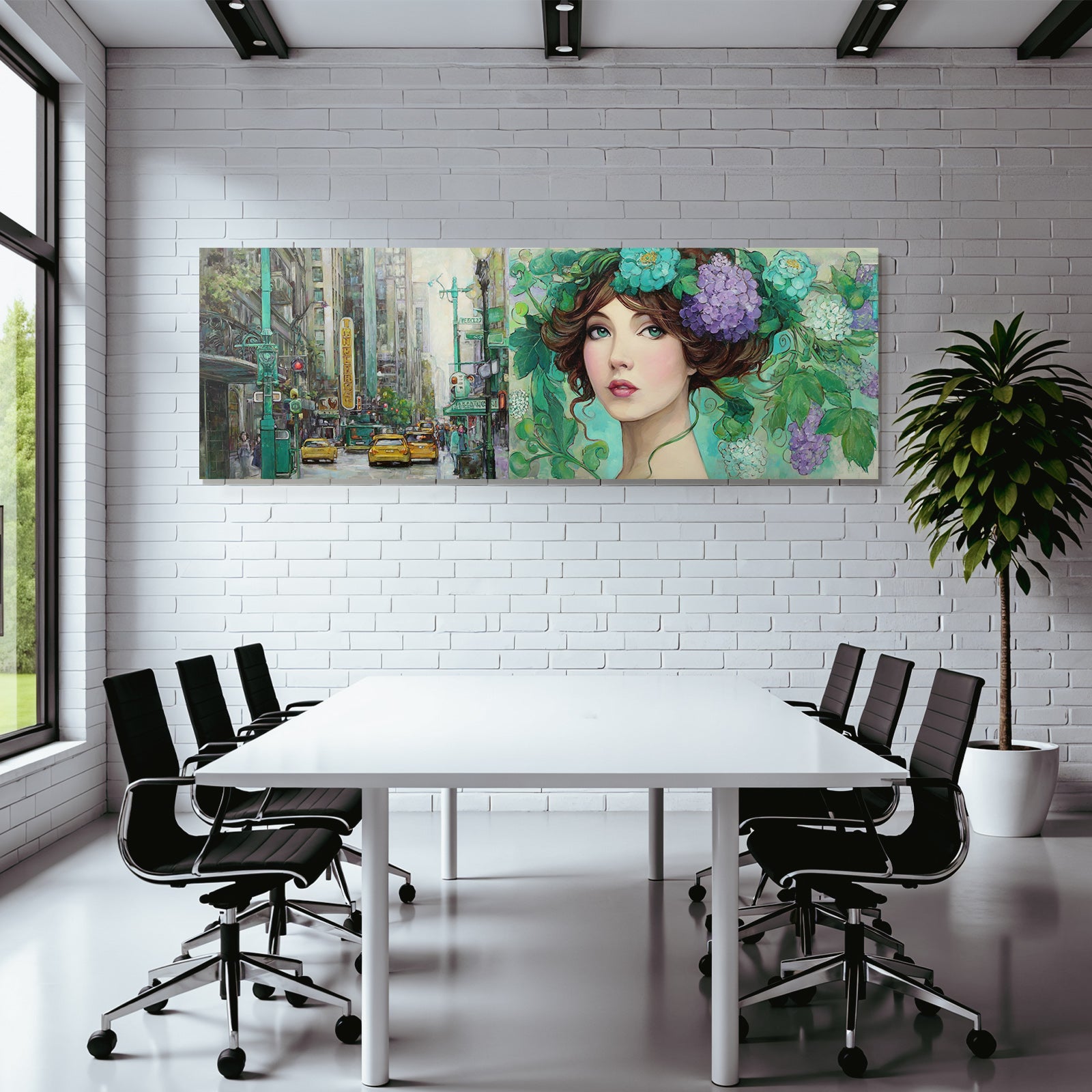 Lebendige Stadtlandschaft Auf Der Linken Seite Und Florales Fraünporträt Auf Der Rechten Seite