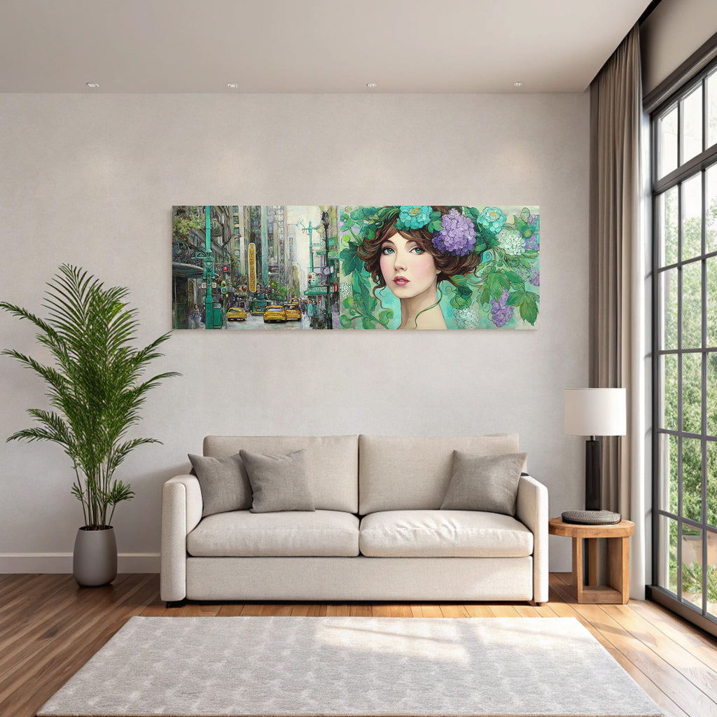 Lebendige Stadtlandschaft Auf Der Linken Seite Und Florales Fraünporträt Auf Der Rechten Seite