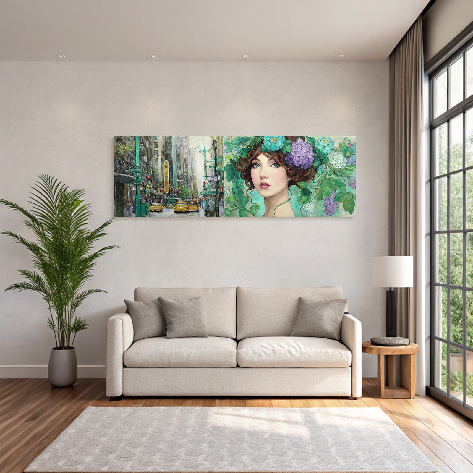 Lebendige Stadtlandschaft Auf Der Linken Seite Und Florales Fraünporträt Auf Der Rechten Seite