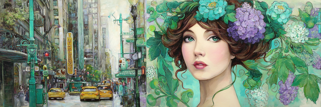 Lebendige Stadtlandschaft Auf Der Linken Seite Und Florales Fraünporträt Auf Der Rechten Seite | Jugendstil | Stilrichtungen