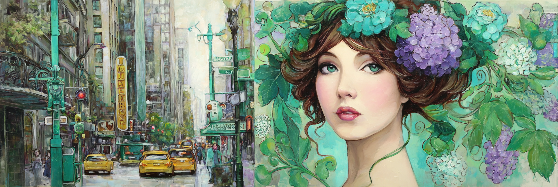 Lebendige Stadtlandschaft Auf Der Linken Seite Und Florales Fraünporträt Auf Der Rechten Seite | Jugendstil | Stilrichtungen