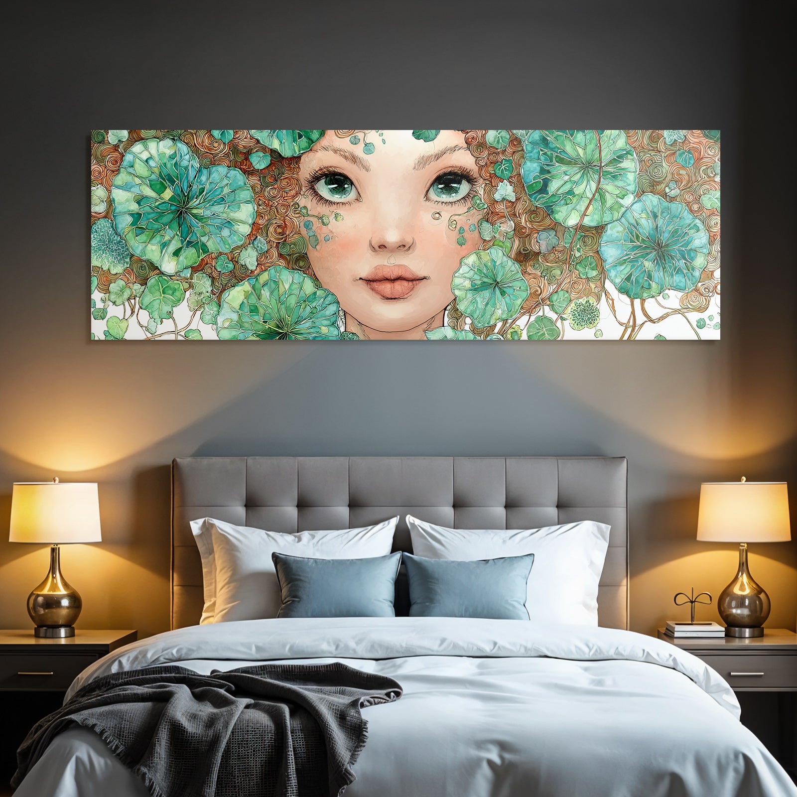 Mädchen Mit Lockigem Grünem Blattschmuck Und Wasserlilienmotiven