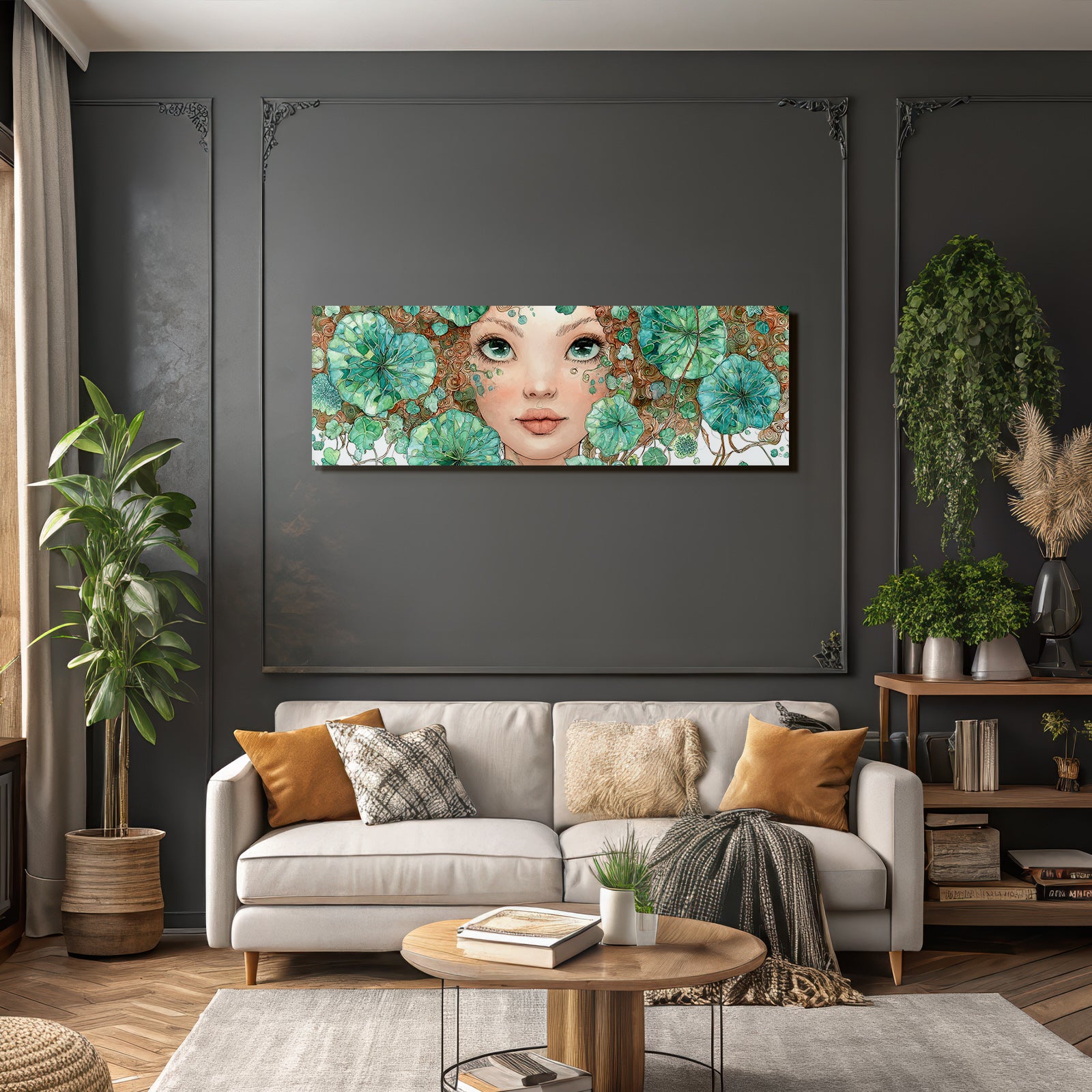 Mädchen Mit Lockigem Grünem Blattschmuck Und Wasserlilienmotiven