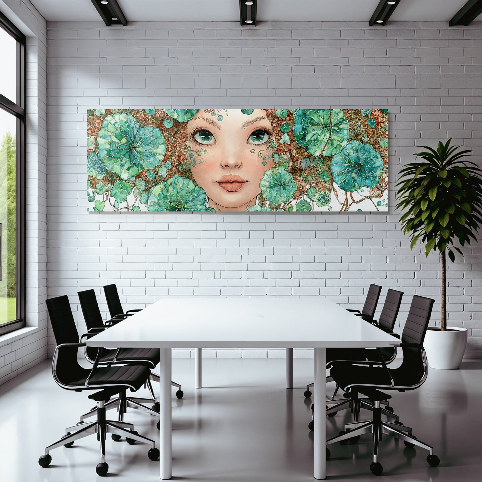 Mädchen Mit Lockigem Grünem Blattschmuck Und Wasserlilienmotiven