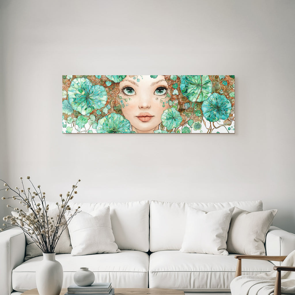 Mädchen Mit Lockigem Grünem Blattschmuck Und Wasserlilienmotiven