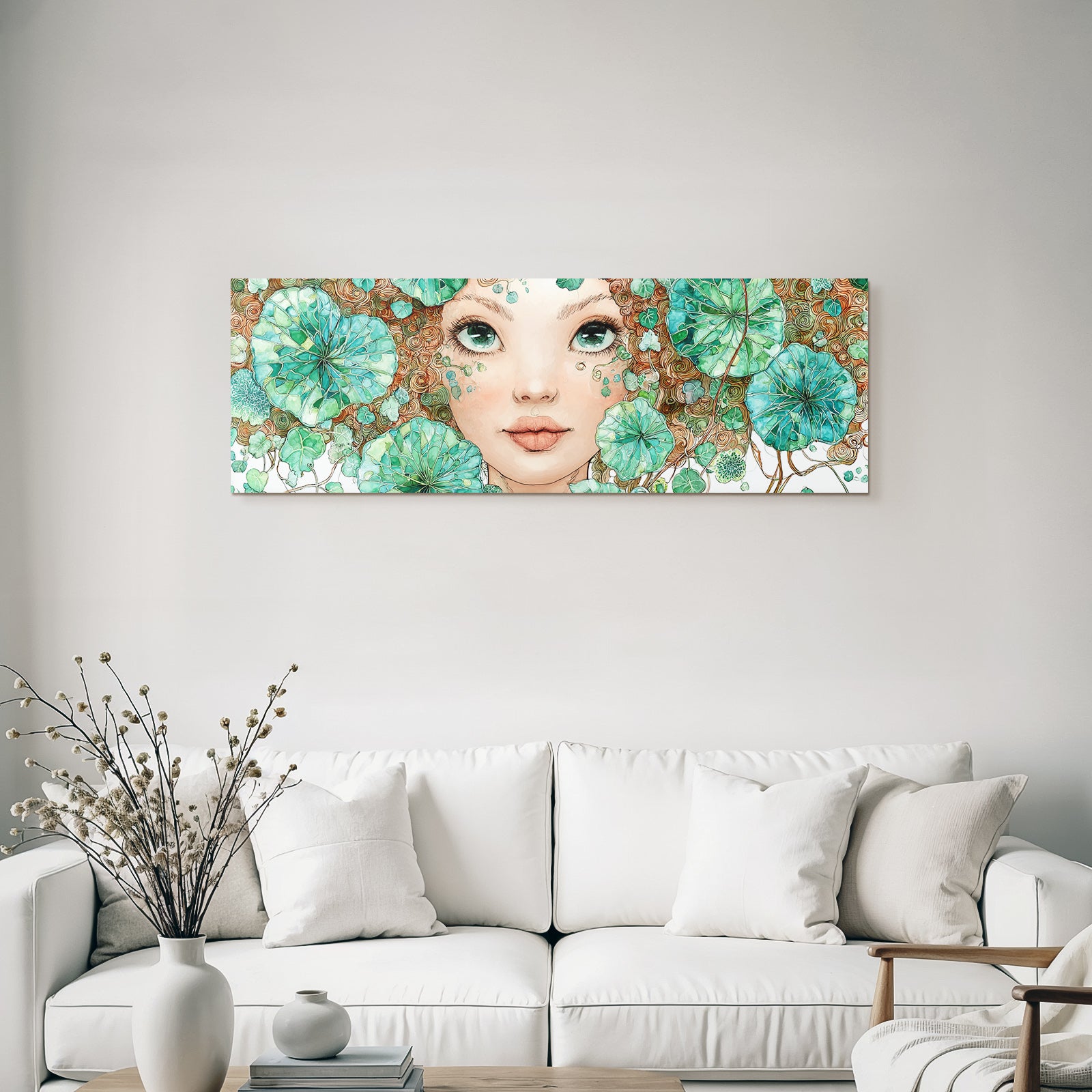 Mädchen Mit Lockigem Grünem Blattschmuck Und Wasserlilienmotiven