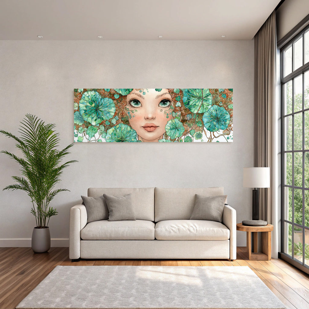 Mädchen Mit Lockigem Grünem Blattschmuck Und Wasserlilienmotiven