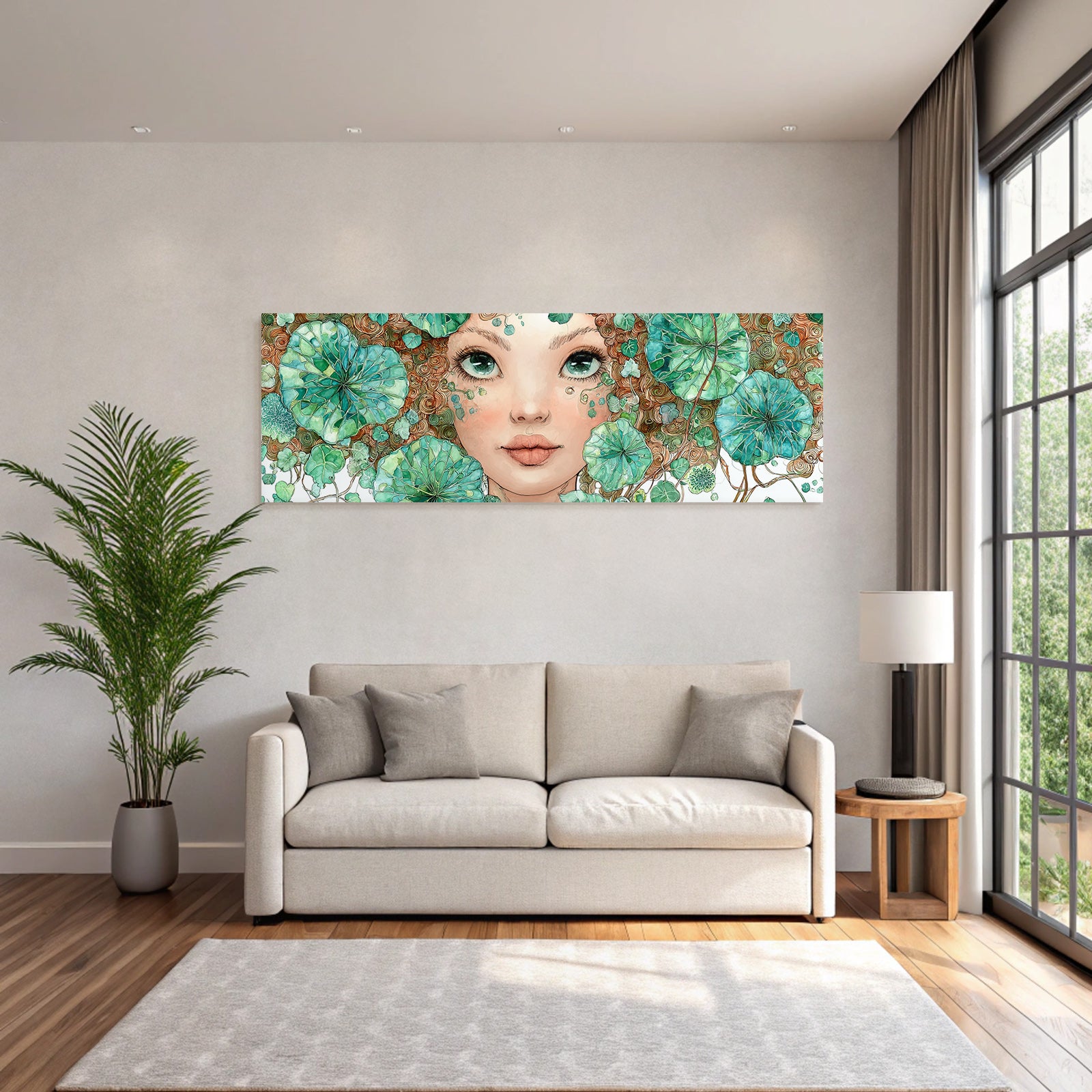 Mädchen Mit Lockigem Grünem Blattschmuck Und Wasserlilienmotiven