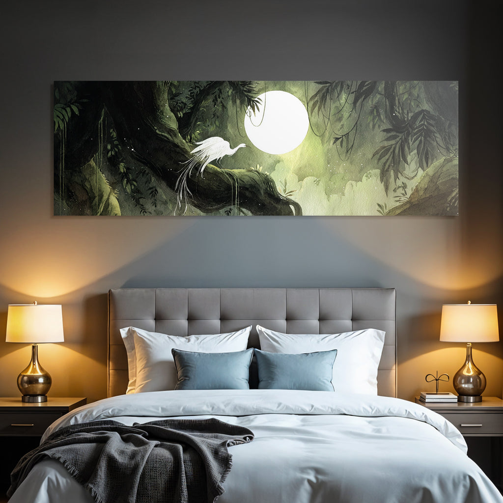 Mystische Waldszene Mit Weissem Vogel Und Heller Mond