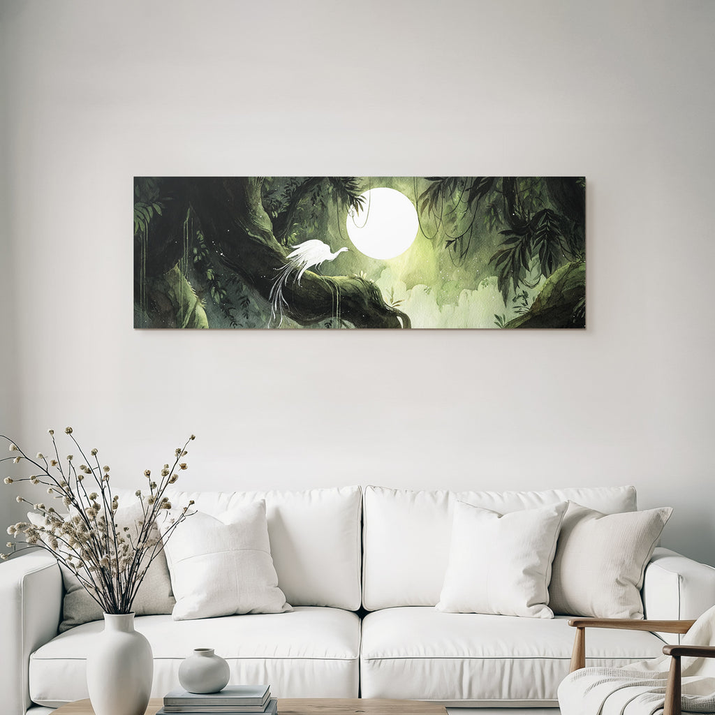 Mystische Waldszene Mit Weissem Vogel Und Heller Mond