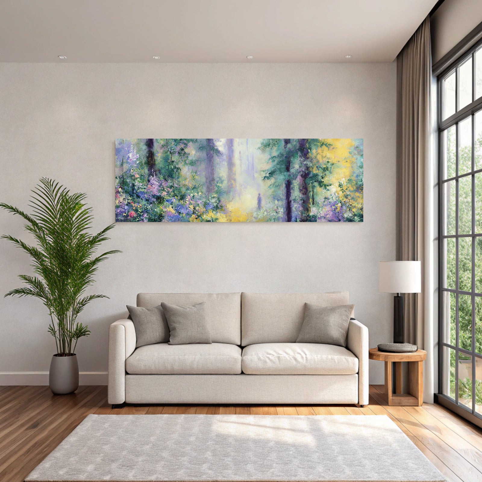Sanfte Waldlandschaft Im Impressionistischen Stil Mit Farbenfrohen Blumen