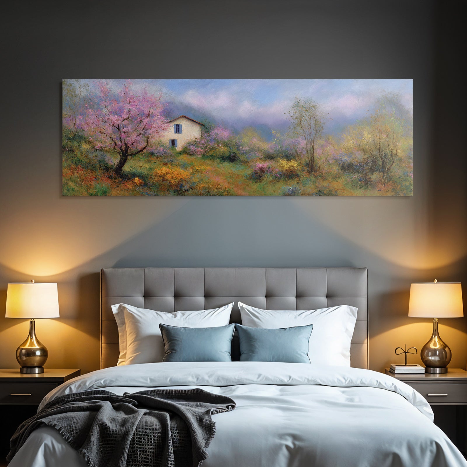 Traumhafte Pastellfarbene Landschaft Mit Haus Und Blühenden Baeumen