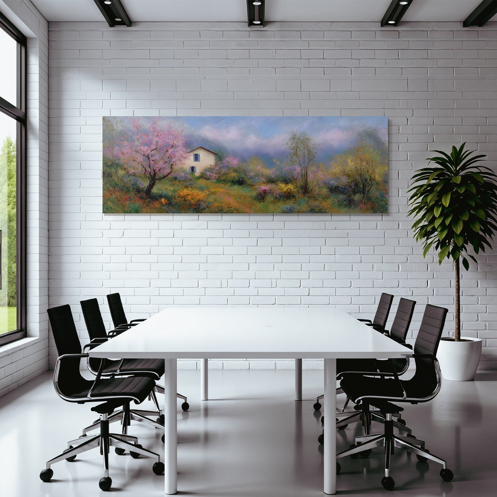 Traumhafte Pastellfarbene Landschaft Mit Haus Und Blühenden Baeumen