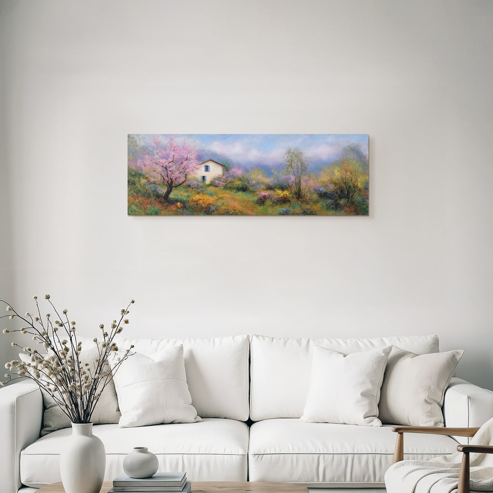 Traumhafte Pastellfarbene Landschaft Mit Haus Und Blühenden Baeumen