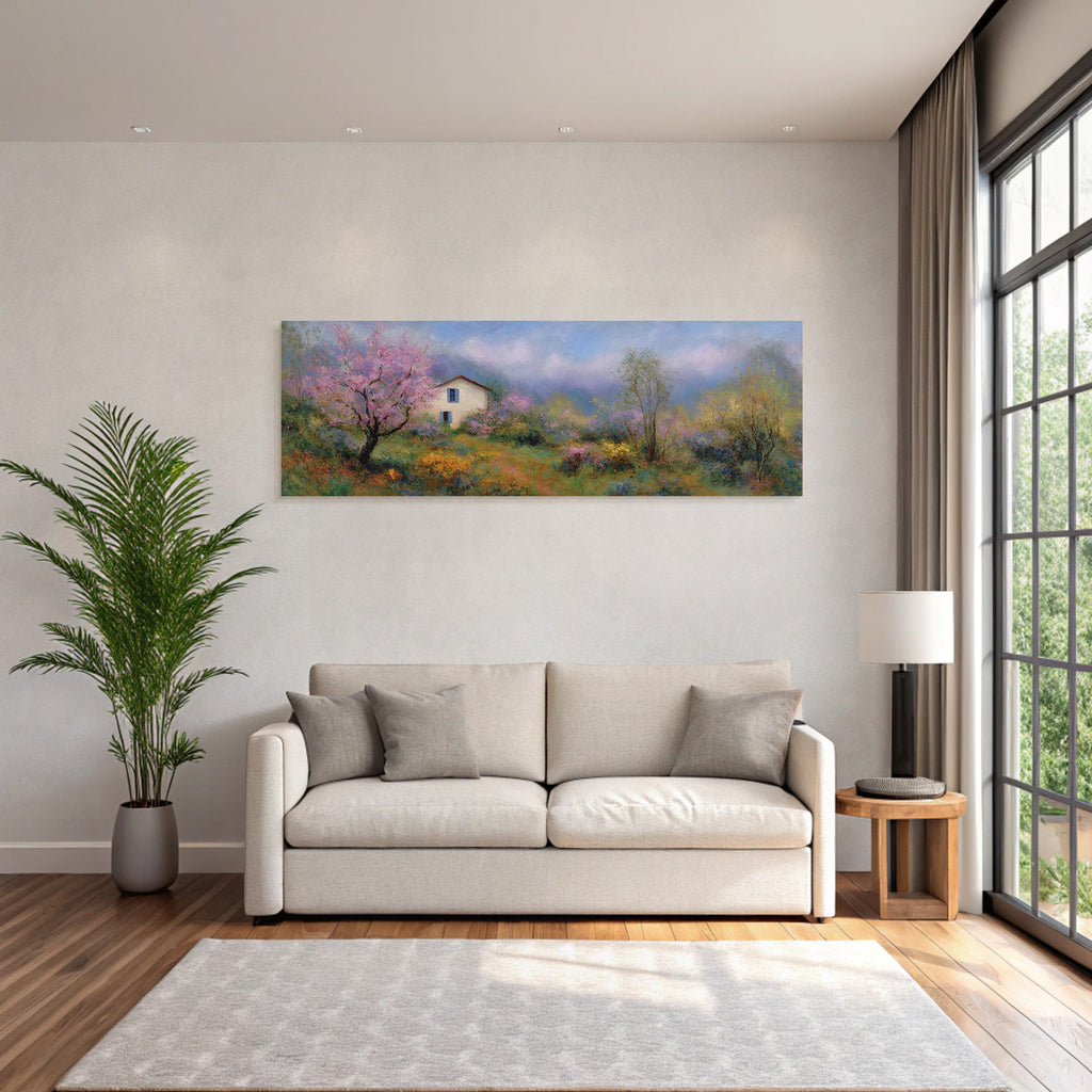 Traumhafte Pastellfarbene Landschaft Mit Haus Und Blühenden Baeumen