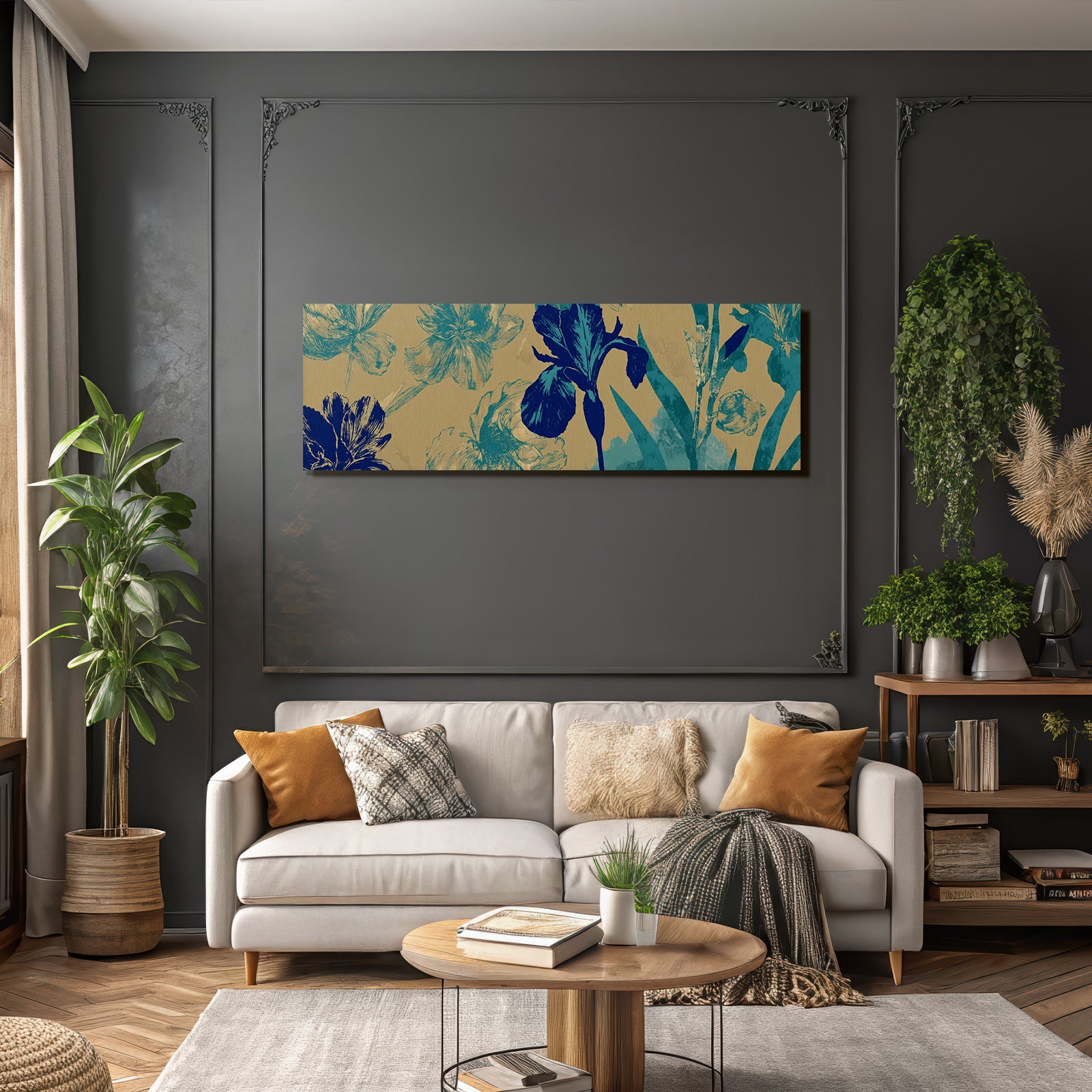 Turkis Und Marineblau Florales Muster Auf Goldenem Hintergrund