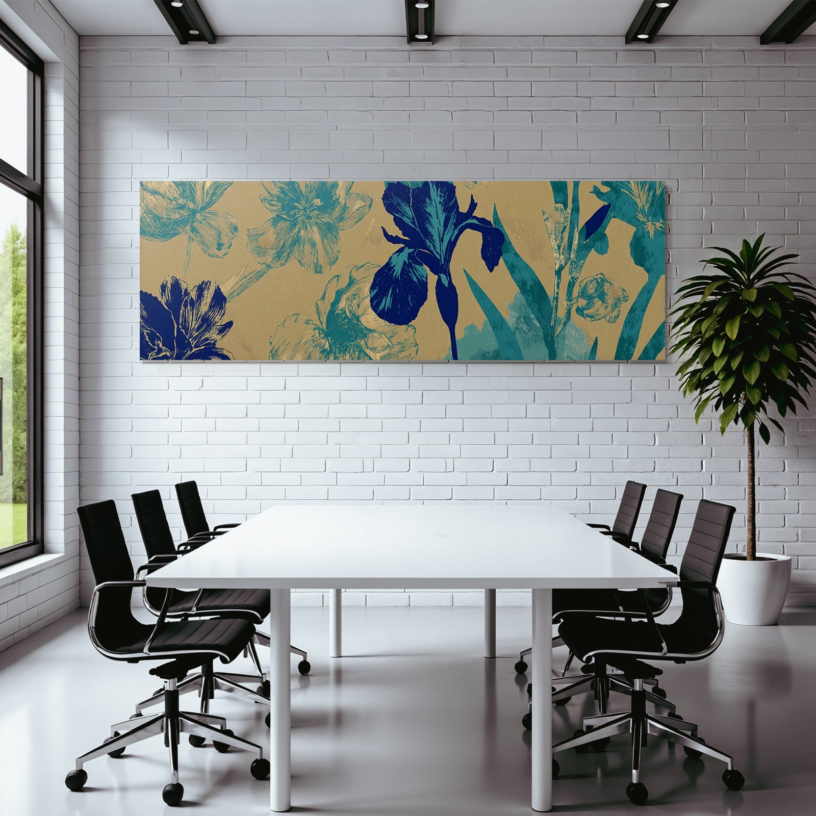 Turkis Und Marineblau Florales Muster Auf Goldenem Hintergrund