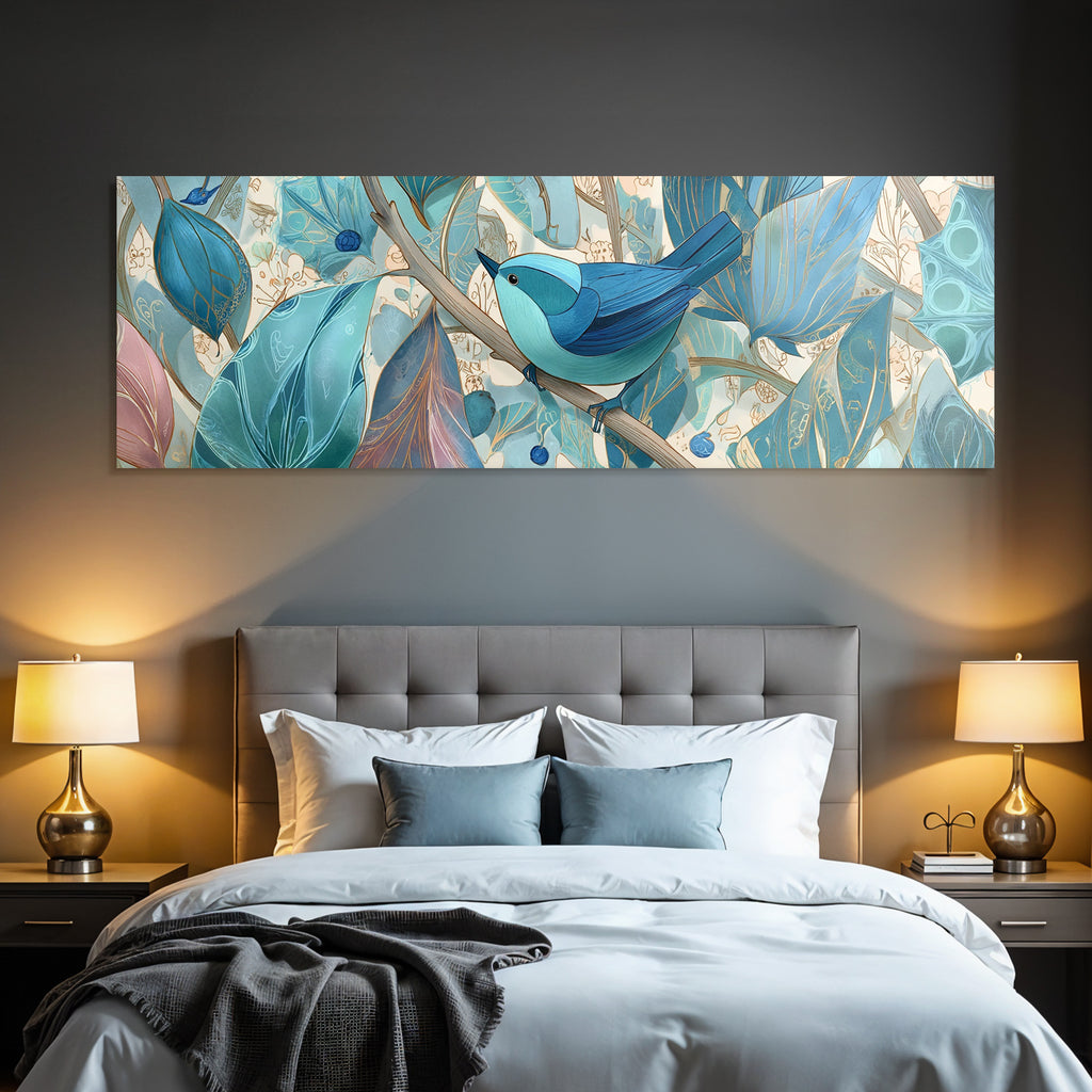 Vogel Mit Blaün Stilisierten Blättern Und Blumen