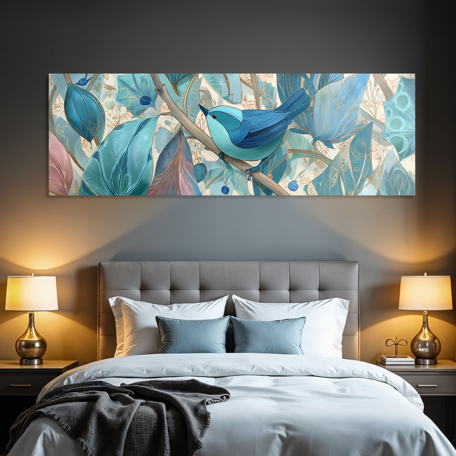 Vogel Mit Blaün Stilisierten Blättern Und Blumen
