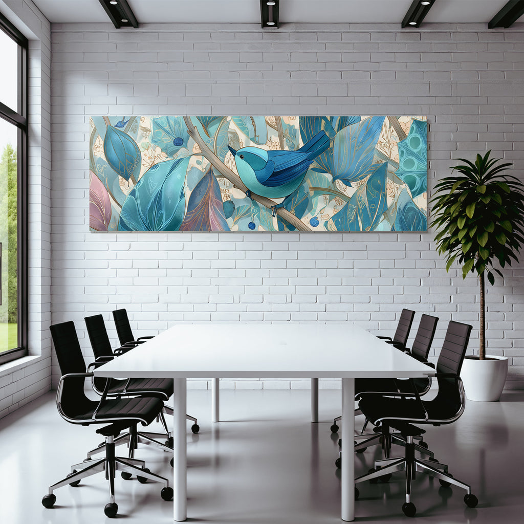 Vogel Mit Blaün Stilisierten Blättern Und Blumen