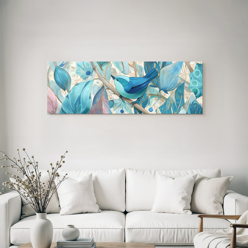 Vogel Mit Blaün Stilisierten Blättern Und Blumen