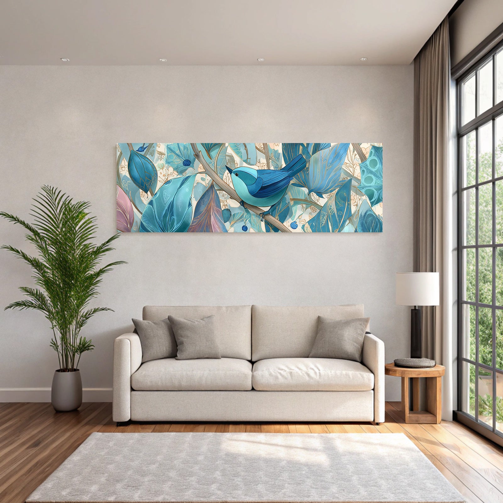 Vogel Mit Blaün Stilisierten Blättern Und Blumen