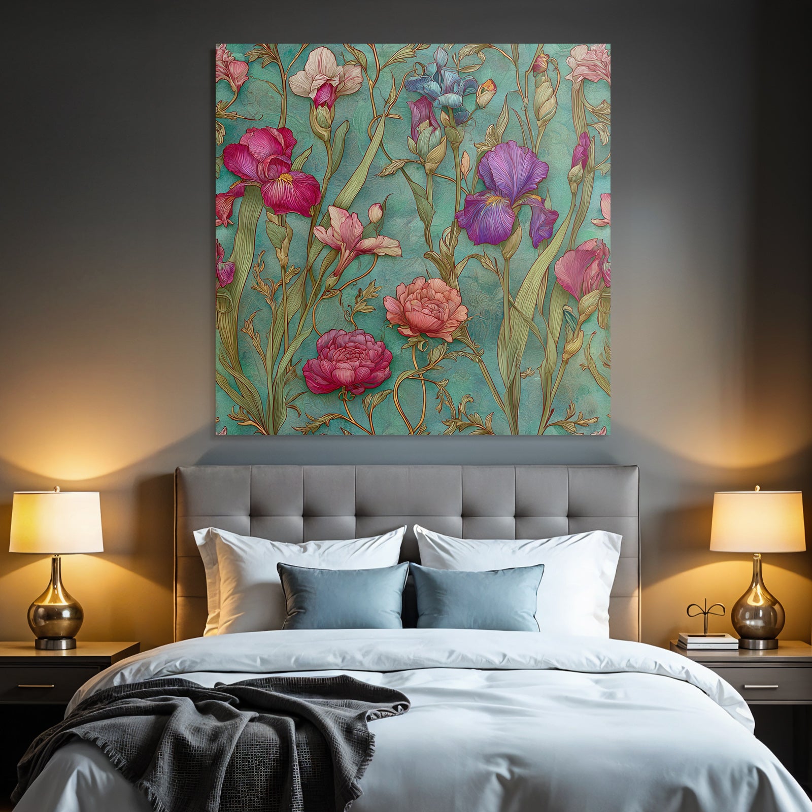 Blumenmuster Mit Türkisem Hintergrund Und Filigranen Blüten