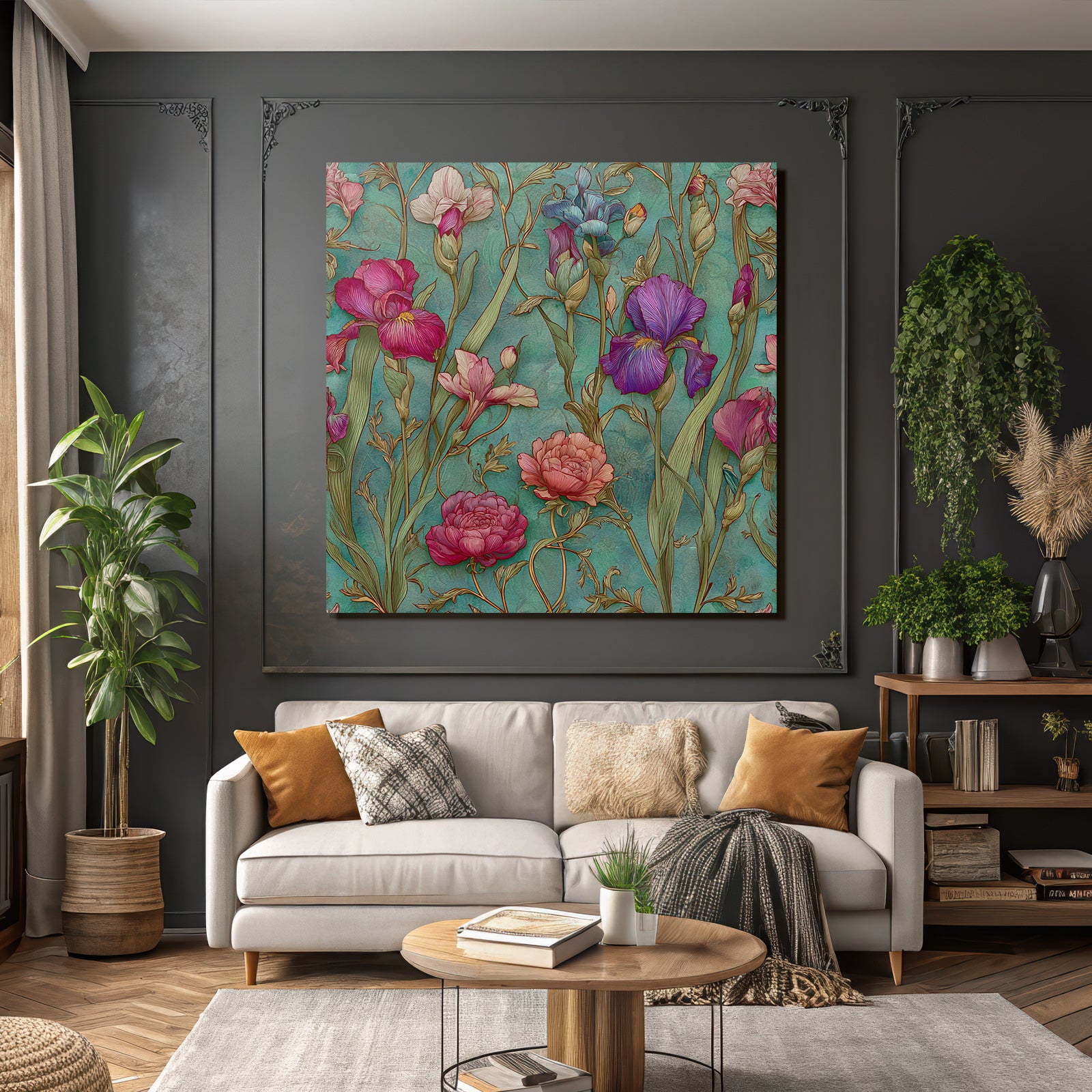 Blumenmuster Mit Türkisem Hintergrund Und Filigranen Blüten