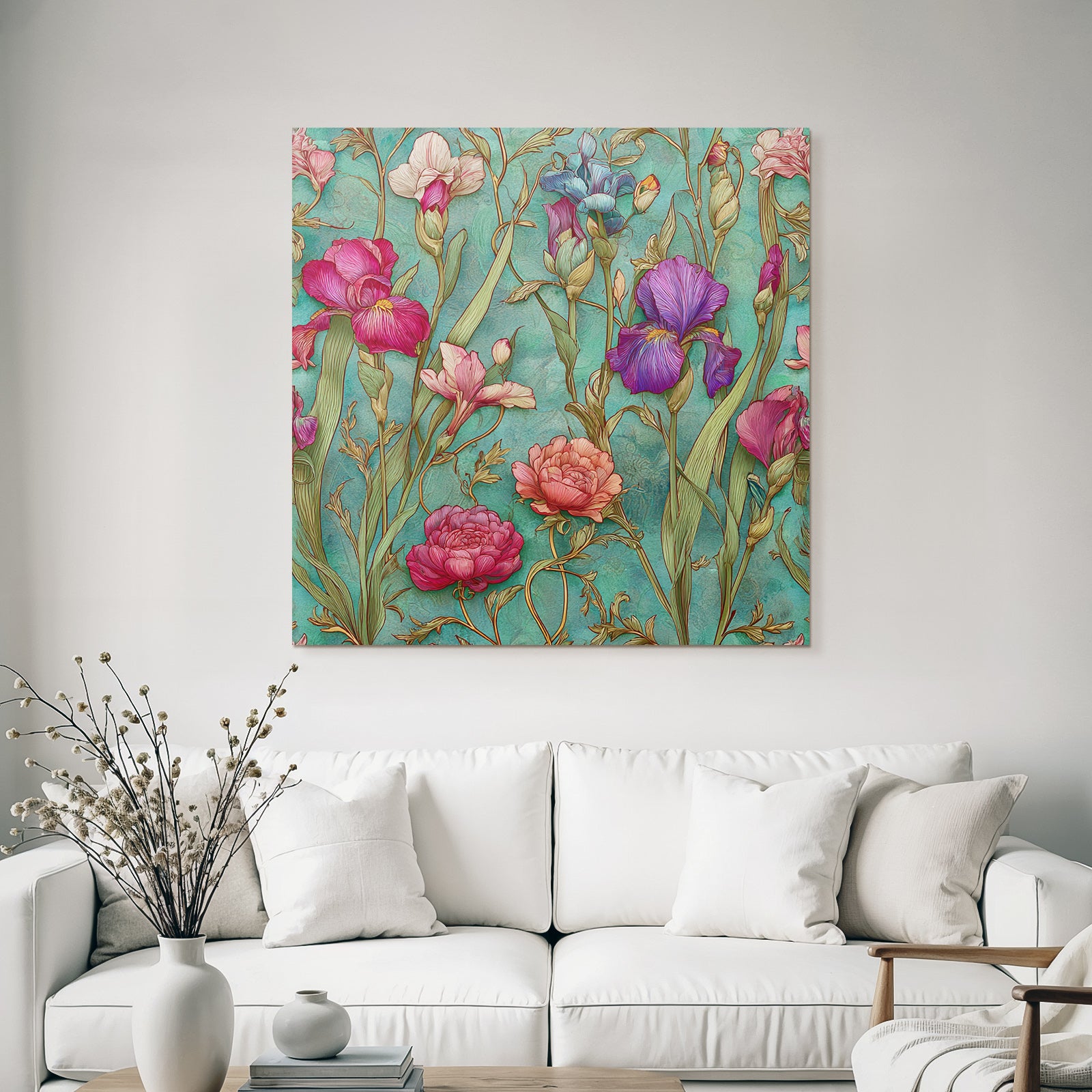 Blumenmuster Mit Türkisem Hintergrund Und Filigranen Blüten