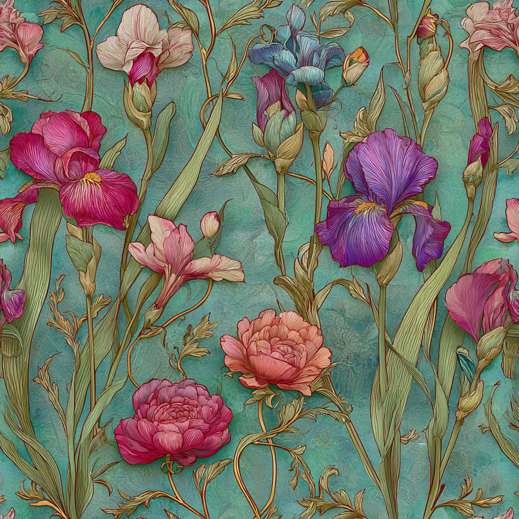 Blumenmuster Mit Türkisem Hintergrund Und Filigranen Blüten | Jugendstil | Stilrichtungen