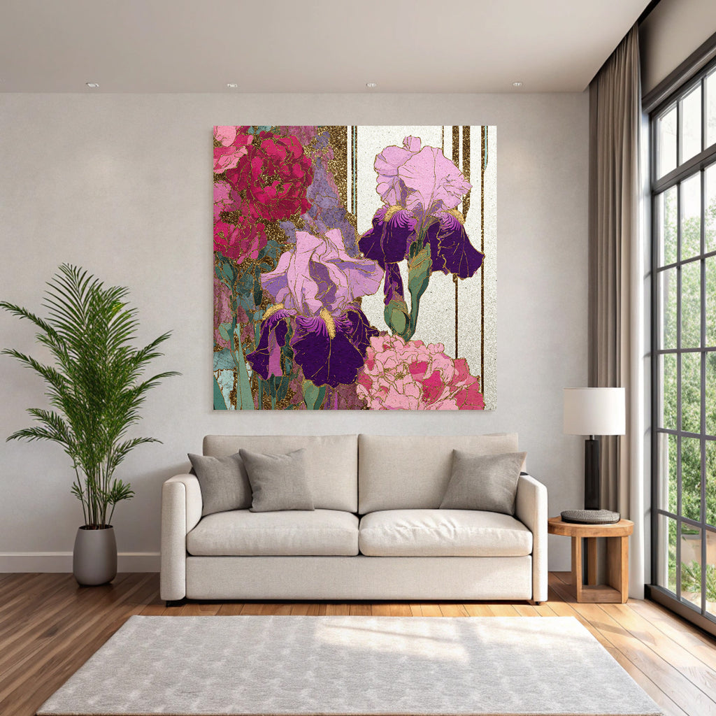 Bunte Iris Und Nelken Mit Glitzer Und Goldakzenten