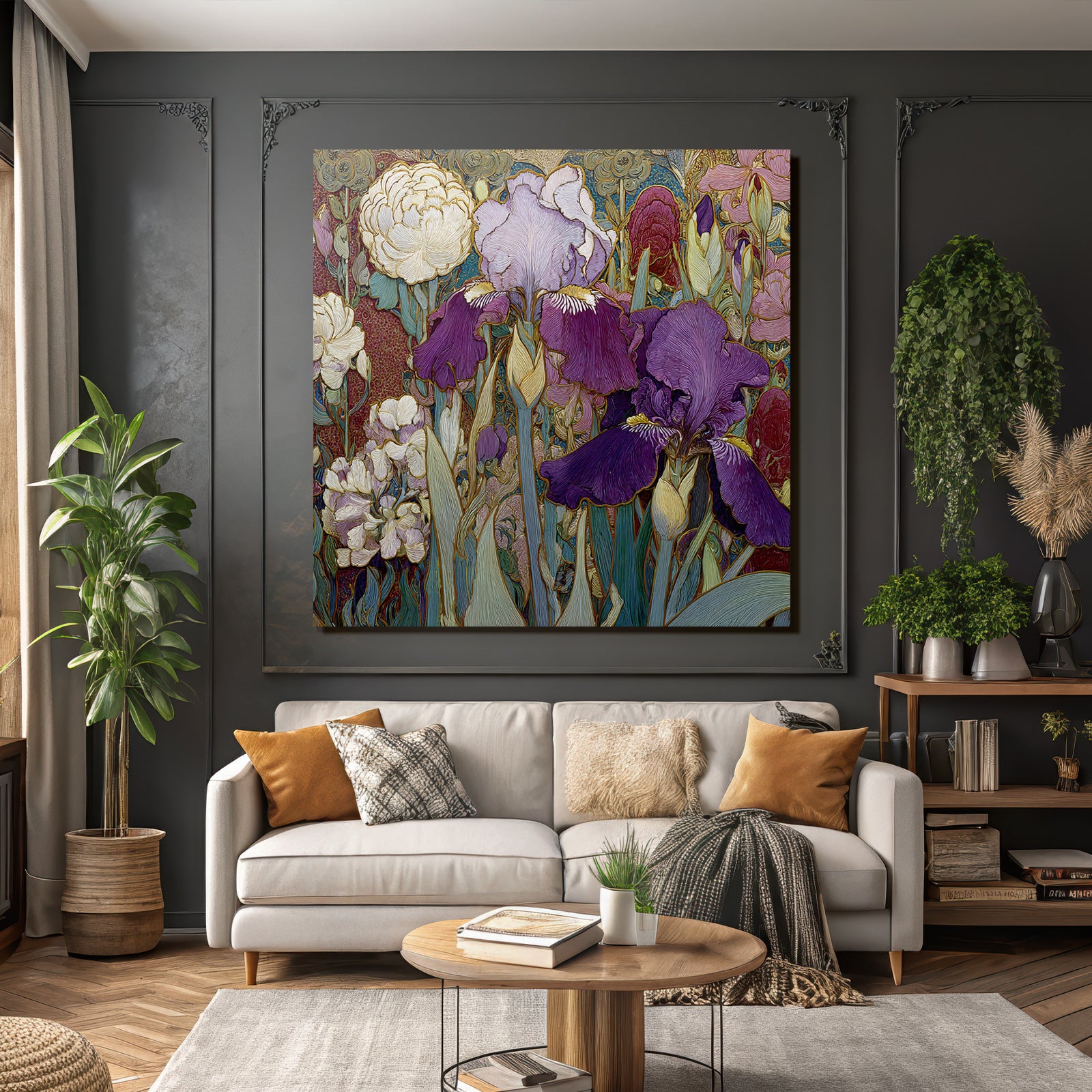 Bunte Iris Und Pfingstrosen In Stilisierter Komposition