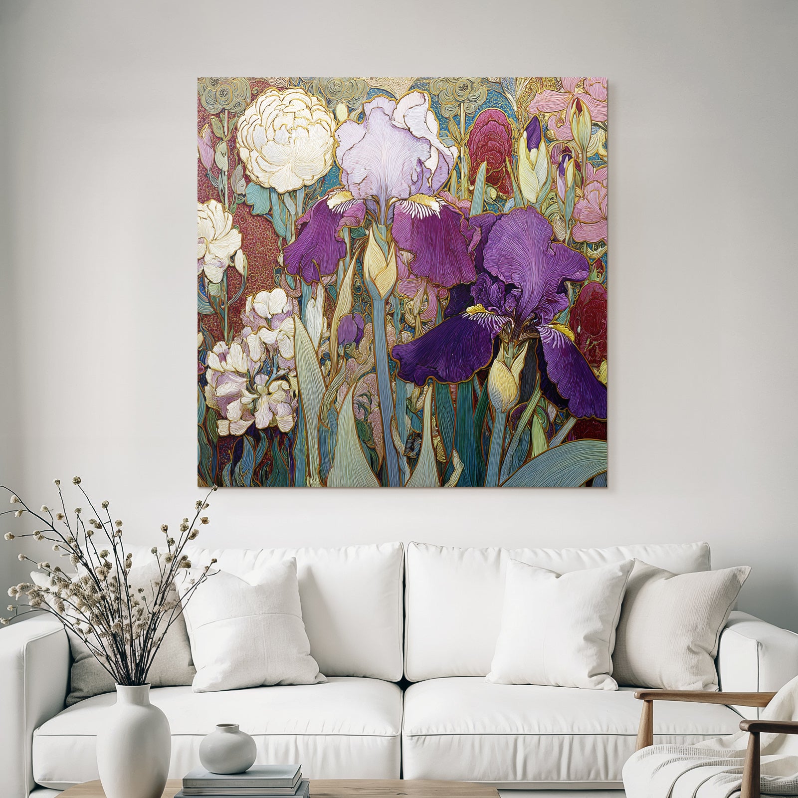 Bunte Iris Und Pfingstrosen In Stilisierter Komposition