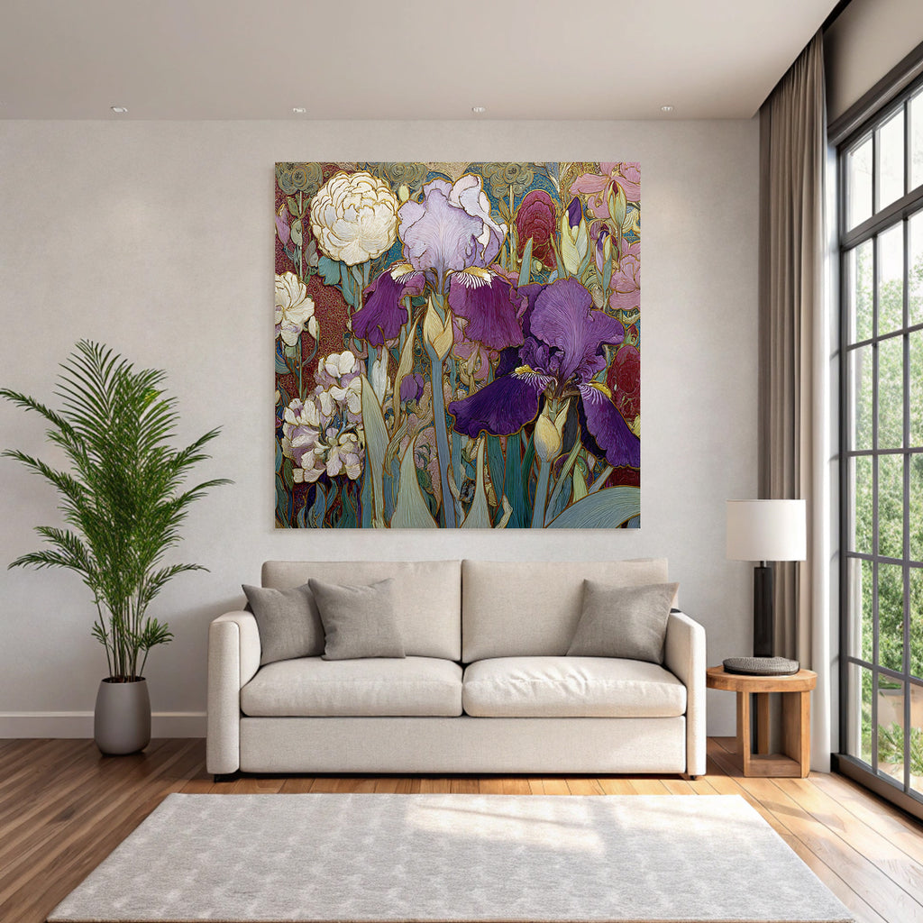 Bunte Iris Und Pfingstrosen In Stilisierter Komposition