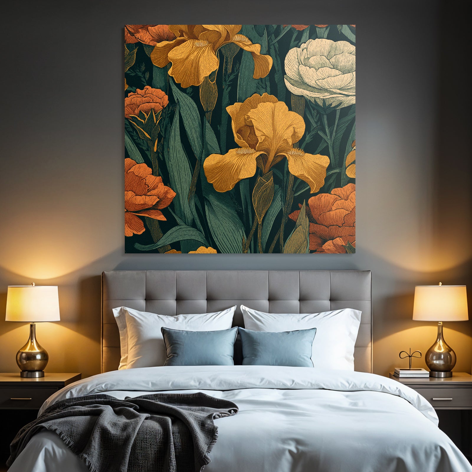 Dekoratives Florales Muster Mit Gelben Iris Und Orangenen Nelken Auf Dunklem Hintergrund